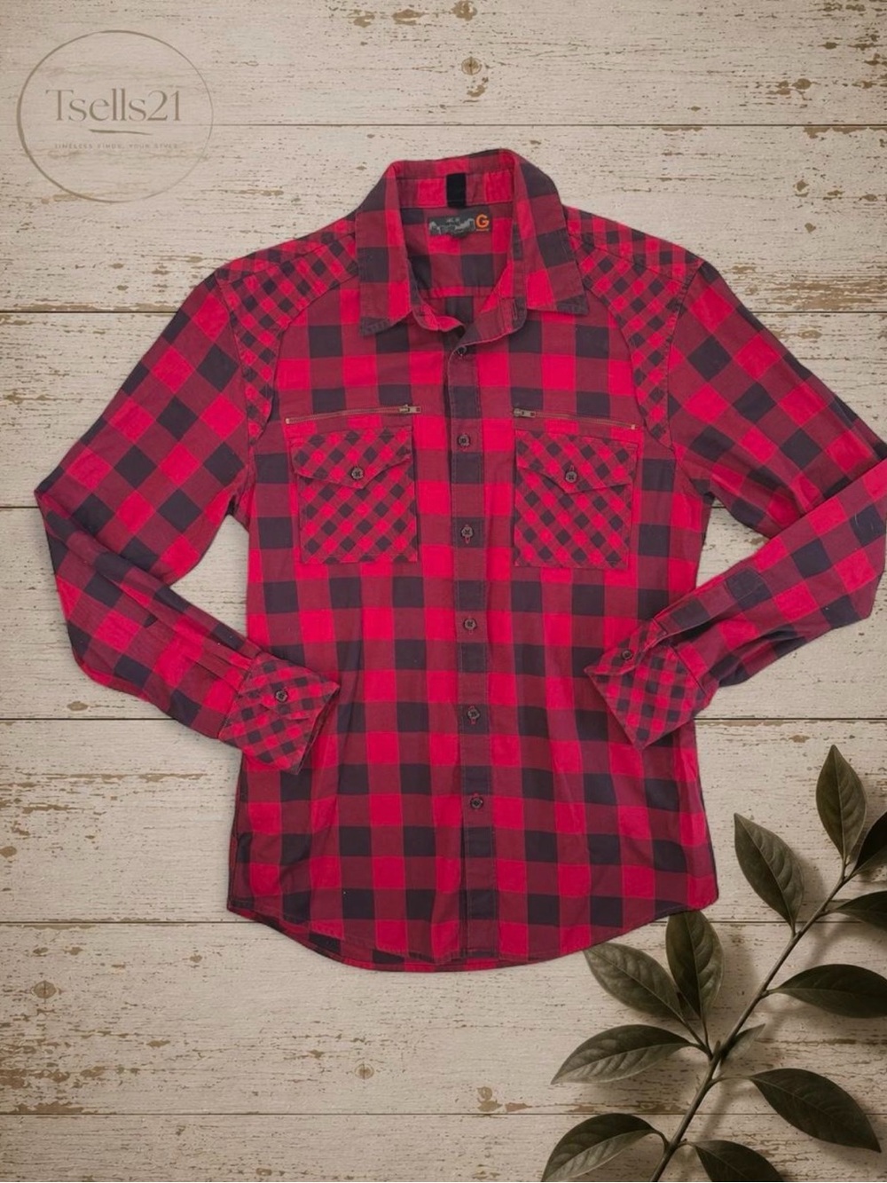 G by GUESS Vintage Y2K Men’s Red & Black Plaid 100% Cotton Long-Sleeve - Size S